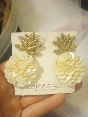 ABBY & GRACE Gold and Cream Pineapple Sequin Drop Earrings, NWT